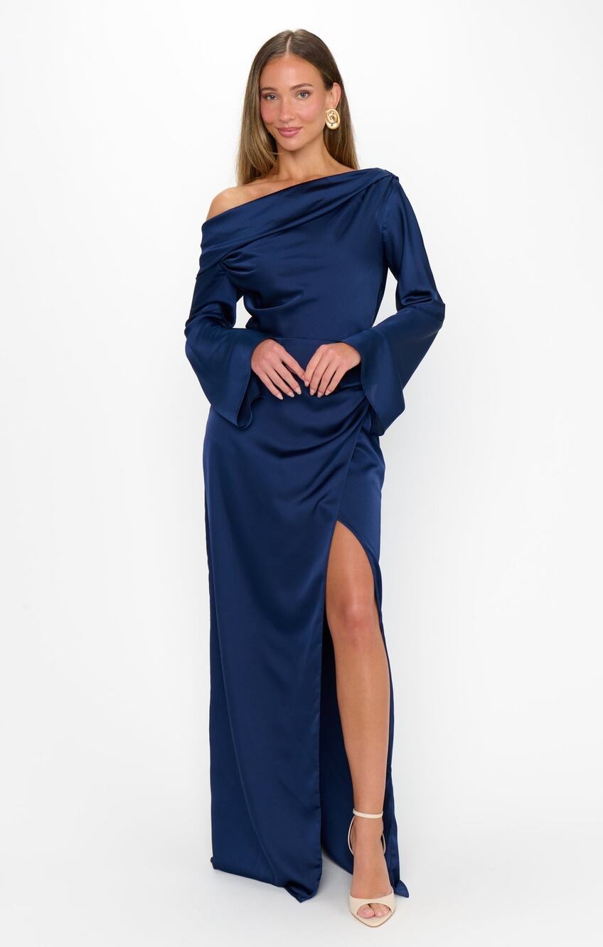 Show Me Your Mumu Jamie Maxi Dress in Midnight Navy Luxe Satin XS